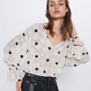 ZARA weave textured polka dot cream and black top